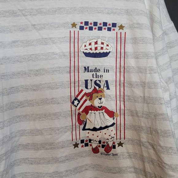 Vintage Patriotic Bear Made In The USA Shirt Light Gray Stripes Size L Gopher - Picture 2 of 8